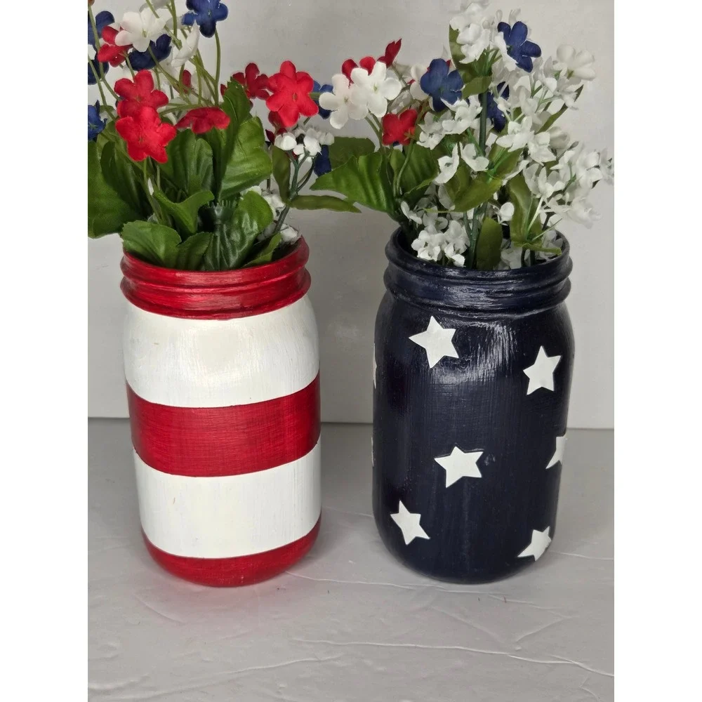 Kerr Patriotic Mason Jars Stars and Stripes Red White Blue Decor Set of 2 Floral